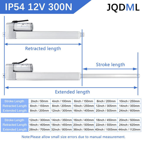 JQDML 12V aluminum linear actuator, 300N/66lbs with mounting bracket, IP54; diagram shows extended and retracted lengths