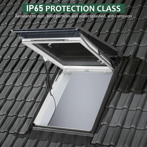 12V heavy-duty linear actuator with mounting brackets on a black roof skylight, IP65 protection.