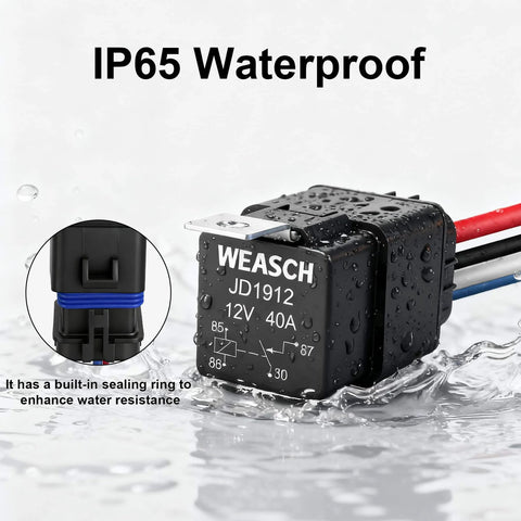 All-Weather 12V 40A Relay Kit With 4 Pin SPST, Heavy Duty Harness And Tinned Copper Wiring, waterproof relay in water highlighting IP65 rating