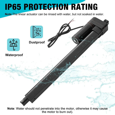 Four Inch High Speed 12V Linear Actuator With 88 Lbs Load Capacity IP65 Waterproof, shown with water splashes, dustproof icons