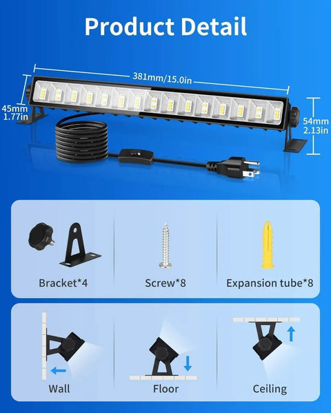 IP66 Waterproof 45W LED Shop Light With 5400 Lumens At 6000K Daylight White showing dimensions, accessories, and installation method