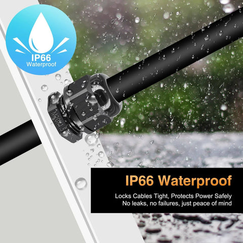 Waterproof M20x1.5 Cable Glands Set, 20 Pcs Black Compression Connector with IP66 seal, shown installed on cable in rainy setting