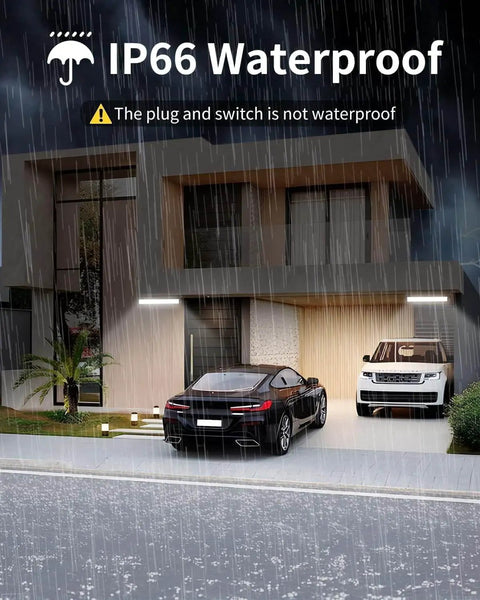Outdoor view of garage in rain with two cars, featuring IP66 Waterproof 45W LED Shop Light With 5400 Lumens At 6000K Daylight.