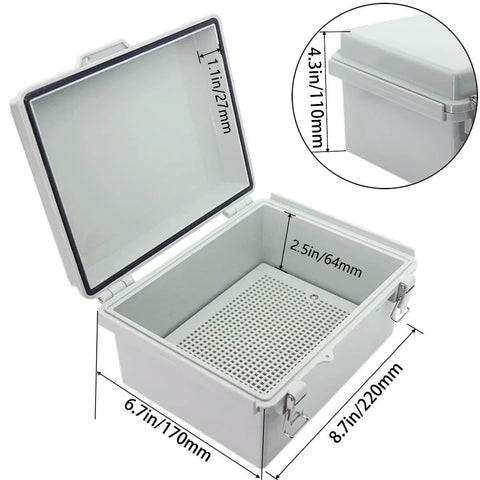 All Weather Built To Last IP67 Waterproof ABS Electrical Enclosure With Hinged Cover And Stainless Steel Latch Two Cable Glands