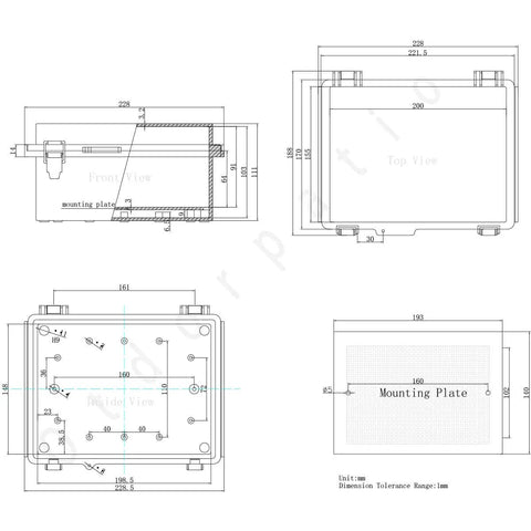 Technical drawing of All Weather Built To Last IP67 Waterproof ABS Electrical Enclosure With Hinged Cover And Stainless Steel Latch
