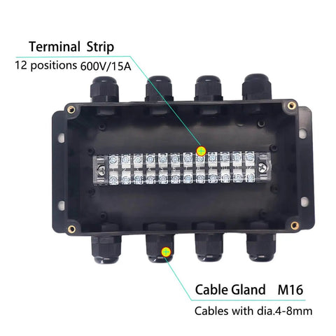 Top view of Watertight Junction Box IP67 Electrical Enclosure with 12-position terminal block and 5 in 5 out cable glands.
