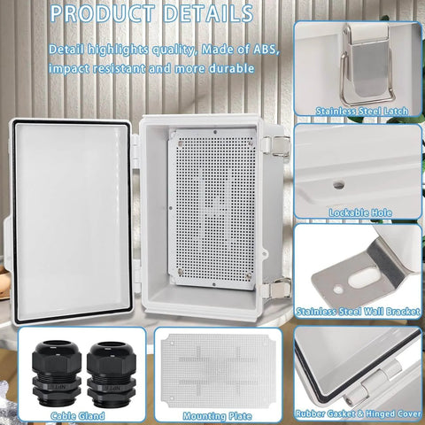 IP67 Waterproof Junction Box With Hinged Cover, Heavy Duty Stainless Steel Latch, Plastic Enclosure With Mounting Plate And Wall Brackets, Includes 2 Cable Glands, Grey, 11x7.5x5.5 Inches, Built For DIY Projects And Outdoor Electrical Installations.