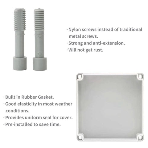 Weatherproof Outdoor Electrical Box With Cover IP67 Dustproof Enclosure For Outdoor Use, showing nylon screws and rubber gasket.