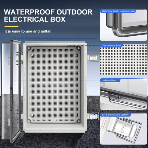 Front view of Beefy Outdoor IP67 Waterproof Junction Box Enclosure With Hinged Cover ABS Plastic Stainless Steel Buckle Mounting Plate