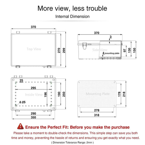 Diagram showing dimensions of Outdoor IP67 Waterproof Electrical Box Junction Enclosure Made From Durable ABS Plastic Weatherproof Grey Protective Housing.