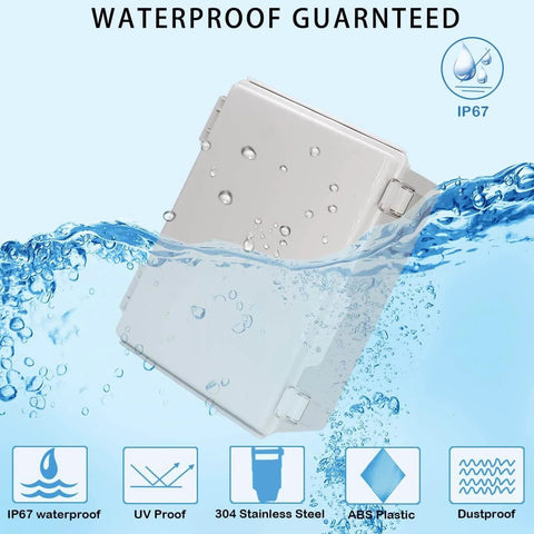 IP67 Waterproof Junction Box With Hinged Cover, Heavy Duty Stainless Steel Latch, Plastic Enclosure With Mounting Plate, shown submerged in water.