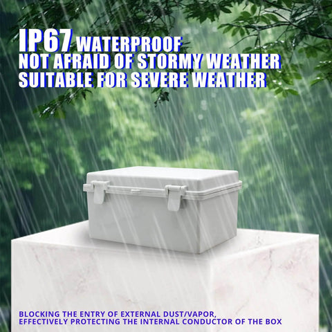 Waterproof Outdoor Electrical Enclosure Box With Wall Bracket Built To Handle The Elements IP65 Rated ABS Plastic Weatherproof Junction Box For DIY Projects 11.4 x 7.5 x 5.5 Inches Includes Two NPT One Half Inch Glands And Mounting Brackets in rain.
