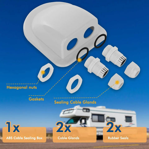IP68 Waterproof Solar Cable Entry Gland With Dual Cable Entry Housing for Solar Panels on RV showing components in ABS material.