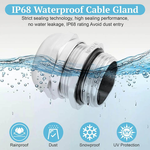 Side view of NPT 3/4 inch nickel plated copper waterproof cable gland with IP68 sealing, illustrating underwater durability.