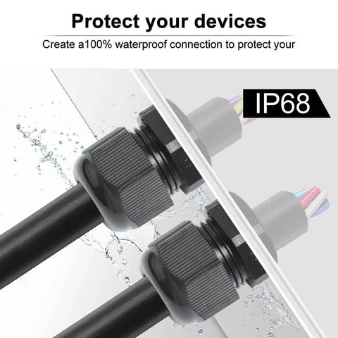 12 Pack Half Inch NPT Cable Glands Nylon PA66 IP68 Waterproof Adjustable Strain Relief Cord Grips installed in panel