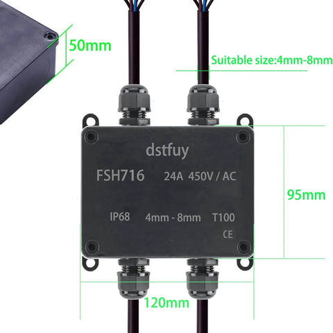IP68 Waterproof Electrical Box With 24A Barrier Terminals, 10 Position Terminal Block, ABS Plastic Black Junction Box with Dimensions