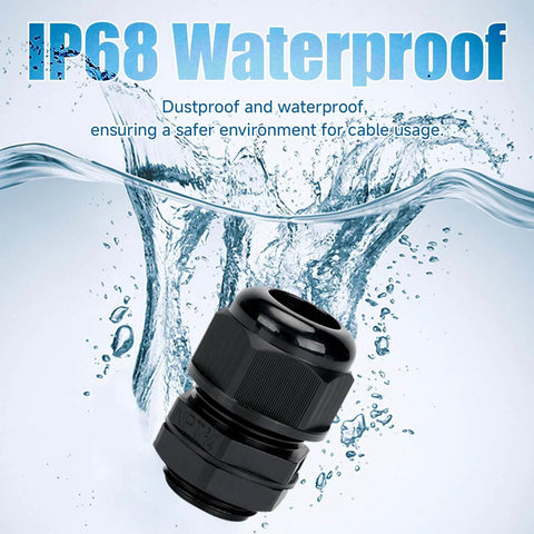 NPT 3/4 Inch Waterproof Cable Gland Kit For Harsh Environments, 20 Pc Set With Adjustable Black Plastic Cable Connectors shown in water
