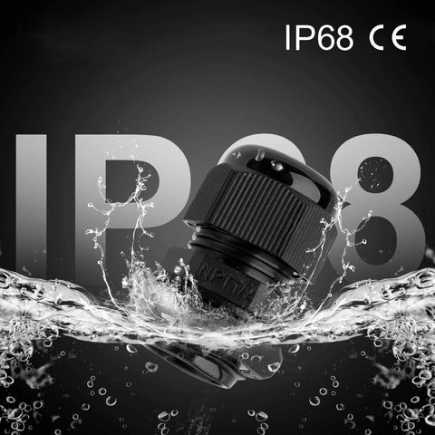 Rugged Waterproof Adjustable Cable Glands 3 To 6.5 Mm Nylon With Gaskets And Seals Quarter Inch NPT Waterproof Joiners Pack Of 50 showing waterproof feature with IP68 rating in water splash