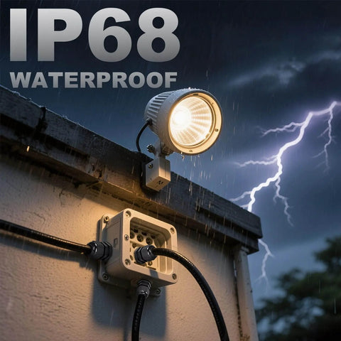Outdoor light and electrical box with 24 Piece Black Adjustable Cable Glands One Half Inch NPT IP68 Waterproof Electrical Connectors installed
