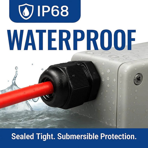 41 Piece PG Cable Gland Kit For Waterproof Junction Boxes And Cord Grip Strain Relief Includes PG7 PG9 PG11 PG13.5 PG16 PG19 IP68 Rated Sealing Kit For Cables And Wires In Outdoor Industrial Rugged Environments, showing a close-up of an installed black cable gland in a wet setting.