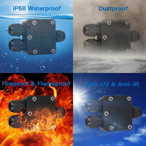 IP68 Waterproof 3 Way Junction Box For Outdoor Use Built Tough And Weatherproof Black Underground Cable Connector Dustproof And UV Resistant shown underwater, in dust, fire, and sunlight conditions