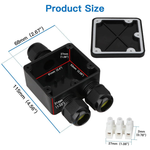 IP68 Waterproof 3 Way Junction Box For Outdoor Use Built Tough And Weatherproof Black Underground Cable Connector with dimensions