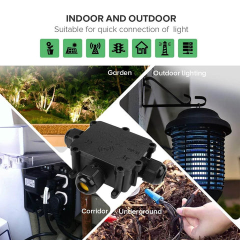 IP68 Waterproof 3 Way Junction Box with External Cable Gland and 2 Three Pole Terminals for outdoor lighting equipment.