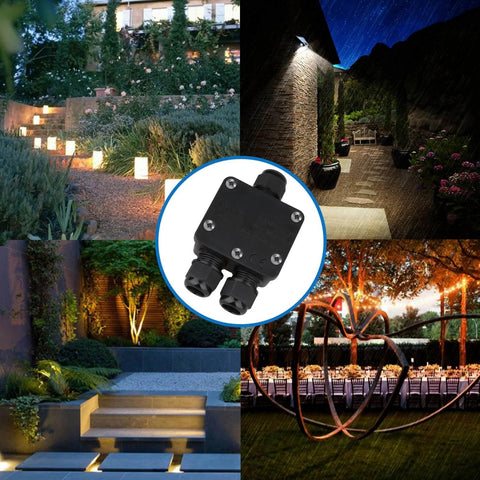 IP68 Waterproof 3 Way Junction Box For Outdoor Use Built Tough And Weatherproof Black Underground Cable Connector Dustproof And UV Resistant Ideal For 5mm To 15mm Wire Glands 1 Pack Small Outdoor Ready And Hassle Free shown in garden and patio settings