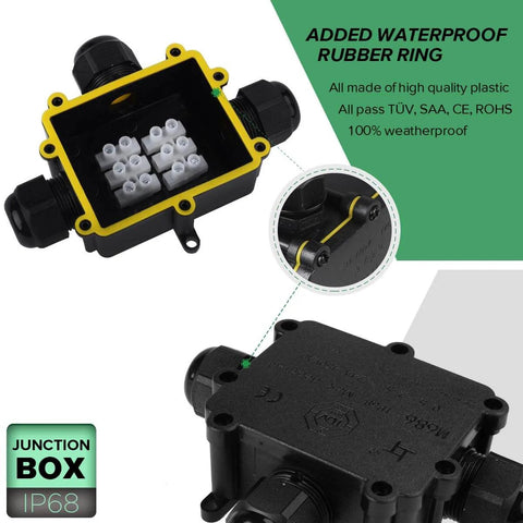 IP68 Waterproof 3 Way Junction Box With External Cable Gland And 2 Three Pole Terminals 4 To 14mm Cable Diameter ABS PVC Construction.