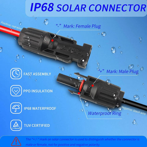 IP68 solar connector showing male and female plugs, PPO insulation, and waterproof ring for fast assembly and outdoor use.
