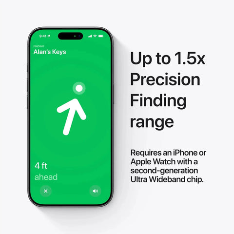 Image showing an iPhone screen with Apple AirTag 2nd Generation Tracker for Keys and Wallets with Sound Locator, displaying 1.5x Precision Finding range.
