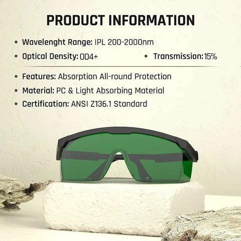 IPL Laser Safety Glasses 200 To 2000nm Eye Protection For Hair Removal with green lenses, optical density OD4+, on textured display.