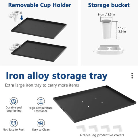 Overview of Durable Iron Alloy Salon Tray Cart components including removable cup holder and storage bucket features.