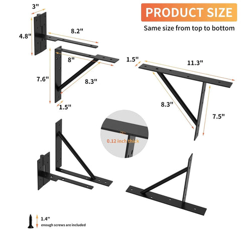 Heavy Duty Adjustable Gate Corner Brace Bracket Anti Sag Gate Kit dimensions showing various angles and thickness for installation