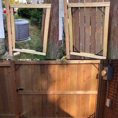 Heavy Duty Adjustable Gate Corner Brace Bracket Anti Sag Gate Kit installed on wooden fence and gate for support and durability