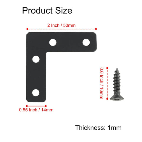 10Pcs 2 x 2 Inch L Bracket Corner Brace (50 X 50mm), Iron Flat Corner Bracket Heavy Duty, Metal L Shaped Bracket Support Brace with screw, measurements shown