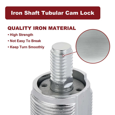 Close-up of iron shaft tubular cam lock with text highlighting quality, strength, and smooth turn features.