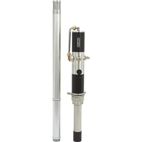 Ironton Air-Operated Oil Transfer Pump - 1:1 Ratio, 10.58 GPM, silver and black design, 150 PSI capacity, side view.