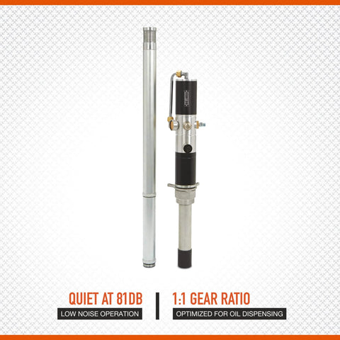 Ironton Air-Operated Oil Transfer Pump - 1:1 Ratio, 10.58 GPM with dual metal pipes and black mechanism, 81dB quiet operation feature.