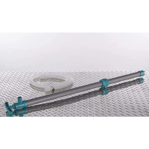Ironton Siphon Drum Pump - 7 GPM shown with flexible hose on metal surface, featuring durable polyethylene/PVC construction.