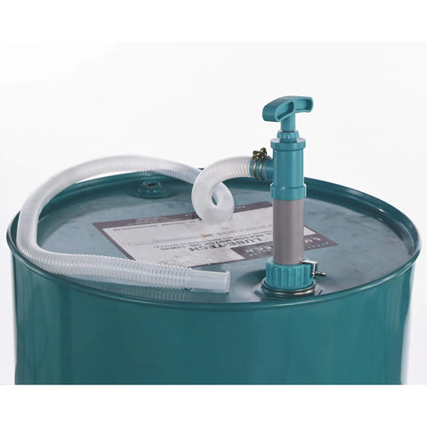 Ironton Siphon Drum Pump - 7 GPM attached to 55-gallon teal drum, showcasing flexible hose and durable polyethylene/PVC construction.