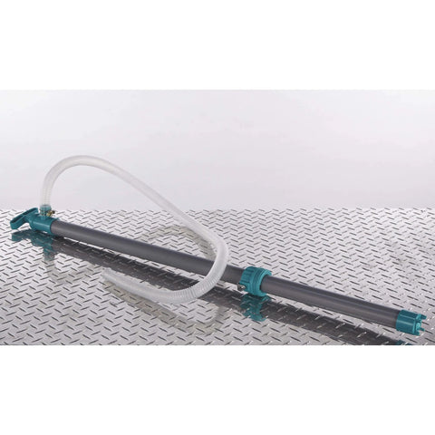 Ironton Siphon Drum Pump - 7 GPM with flexible hose on a metal surface, showing polyethylene/PVC body and 51 3/8in length