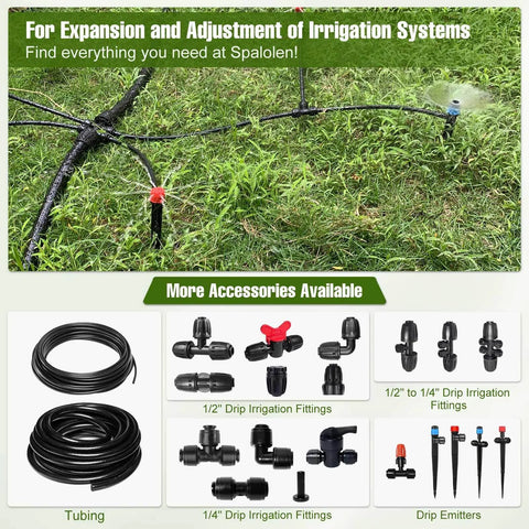 No Fuss Quick Connect One Quarter Inch Drip Irrigation Tee Connectors, 30 Pack Universal Tee Fittings in use on grass setup.