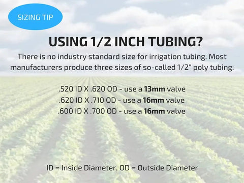Habitech 2-Pack in-line barbed ball valve sizing tip for 1/2 in tubing; lists 13mm and 16mm valve sizes.