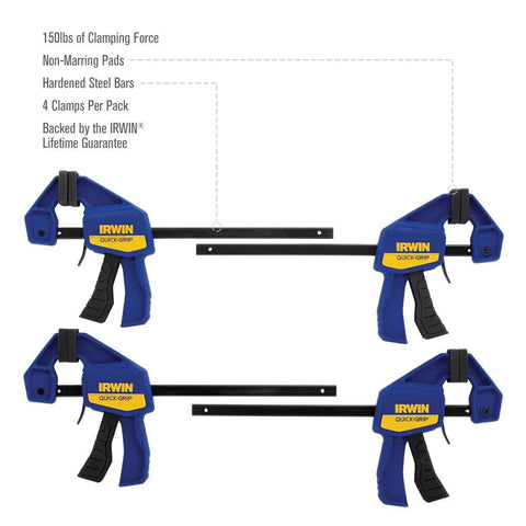 IRWIN Quick-Grip 6-inch one-handed mini bar clamps, blue, 4-pack