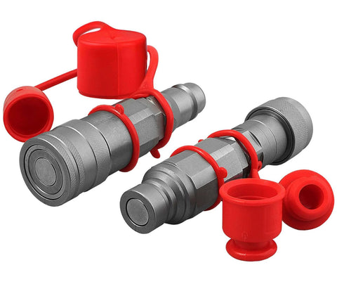 Flat Face ISO 16028 To ISO 5675 Pioneer Style Hydraulic Quick Connect Coupler Adapter Set With Dust Caps, silver and red components