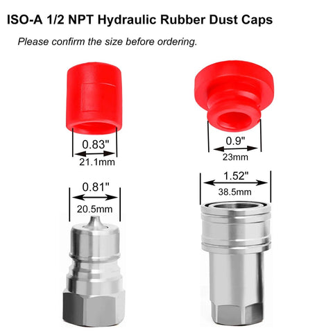Half Inch ISO A And ISO 5675 Hydraulic Quick Coupler Dust Caps Set, red rubber caps and plugs with retention ring shown.