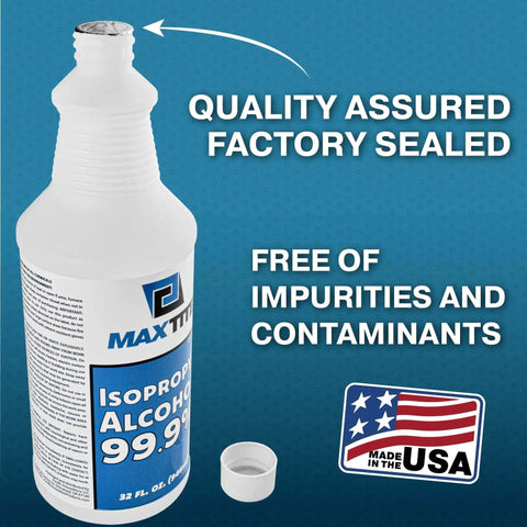 Factory sealed bottle of Isopropyl Alcohol 99.9% Technical Grade, 32 Oz, emphasizing purity and made in USA.