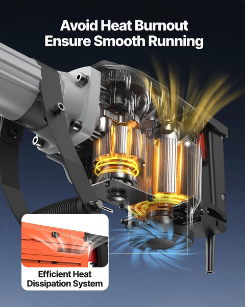 Internal view of heavy duty 2200W demolition jack hammer showing heat dissipation system and motor.