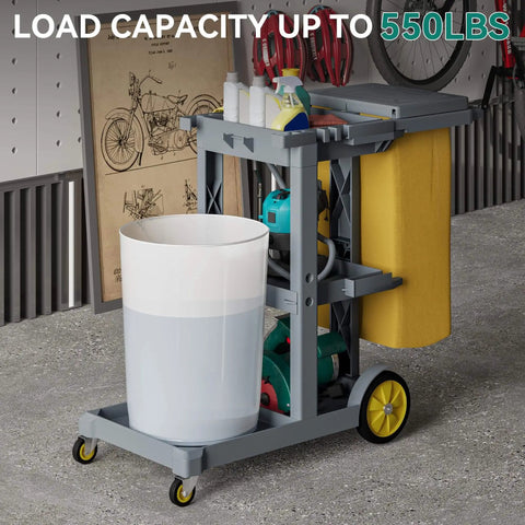 Heavy Duty Janitorial Cart On Wheels With Locking Lid And 3 Shelf Design For Pro Grade Commercial Cleaning Including Two 25 Gallon Vinyl Bags And Mop And Broom Holders Durable Gray Plastic Custodial Cart By YITAHOME.
